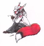  arm_on_leg barefoot bent_legs bipedal black_claws black_hair black_markings brown_skin canine clothing colored_pencil_(art) cool dipstick_tail dreadlocks ear_fluff ear_tuft fluffy_tail fox full-length_portrait fur grey_pants hair hat holding hoodie hoody lapfox looking_at_viewer male mammal markings mixed_media nurse pen_(art) plain_background red_ears red_eyes red_fur renard renard_queenston shirt_logo shukketsu-kokoro side_view sitting smile snout solo striped_fur syringe tail tentacles traditional_media tuft unknown_source white_background white_highlights white_markings white_shirt 
