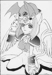  black_and_white breasts cat claws cute digimon egyptian eye_contact feline female gloves greyscale kneeling looking_at_each_other mammal monochrome navel nefertimon nipples patamon smile solo sphinx tail unknown_artist wings 