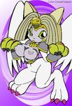  cat claws digimon digitigrade dread_demon egyptian feline female gloves green_eyes grey grey_nipples looking_at_viewer mammal navel nefertimon nipples solo sphinx white white_body wings 