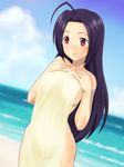  bad_id bad_pixiv_id beach breasts covering day idolmaster idolmaster_(classic) light_smile long_hair medium_breasts miura_azusa muhi11234 nude_cover purple_hair red_eyes see-through solo thigh_gap towel wet 