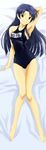  absurdres armpits barefoot black_hair brown_eyes dakimakura full_body highres idolmaster idolmaster_(classic) kisaragi_chihaya long_hair lying nanashi_noiji one-piece_swimsuit school_swimsuit smile solo source_request swimsuit 