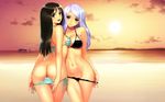  2girls ass beach bikini black_eyes black_hair blush breasts butt_crack cleavage curvy highres large_breasts lavender_hair long_hair looking_at_viewer looking_back multiple_girls navel open_mouth original outdoors photoshop purple_eyes sky smile standing sunset swimsuit taka_tony tanaka_takayuki wallpaper wide_hips 