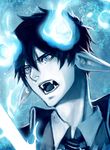  ao_no_exorcist bad_deviantart_id bad_id black_hair blue blue_eyes blue_fire fangs fire long_pointy_ears male_focus monochrome necktie okumura_rin open_mouth pointy_ears solo striped striped_neckwear upper_body yaichino 