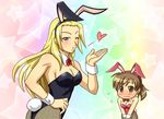  2girls animal_ears blonde_hair blown_kiss blue_eyes blush bow bow_tie bowtie breasts brown_eyes brown_hair bunny_ears bunny_tail bunnysuit capcom cleavage cyan_(pixiv2086976) devil_may_cry devil_may_cry_4 embarrassed female kyrie leotard long_hair looking_back multiple_girls pantyhose ponytail red_ribbon ribbon tail trish trish_(devil_may_cry) wink 