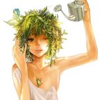  arm_up bad_id bad_pixiv_id collarbone frog green_hair highres one_eye_closed open_mouth original plant plant_girl purple_eyes reverse_trap short_hair simple_background solo tcb topless upper_body water watering_can wet 