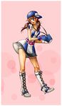  ai_(snk) bangle baseball_cap baseball_uniform blue_eyes boots bracelet brown_hair cross-laced_footwear dress gloves hat high_heels highres jewelry knee_boots lace-up_boots neo_geo_battle_coliseum neo_geo_pocket_color shoes short_shorts short_twintails shorts snk solo sportswear twintails 