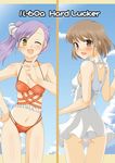  blush breasts brown_hair cleavage dress gokubuto_mayuge harvest_moon iris_(rune_factory_oceans) long_hair looking_back navel ocean odette_(rune_factory) one-piece_swimsuit open_mouth ponytail purple_hair rune_factory rune_factory_oceans short_hair side_ponytail smile sundress swimsuit wink 
