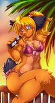  bottle breasts canine clothed clothing female hybrid inuki inuki_(character) mammal skimpy solo swimsuit wide_hips wolf 
