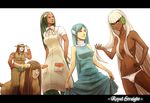  3girls aloe_(pokemon) alternate_hairstyle apron bad_id bad_pixiv_id blue_hair bouffalant breasts brown_eyes buffalo chaps closed_eyes curtsey dark_skin frown gen_5_pokemon green_hair groin gym_leader hair_down hair_over_breasts hairband hand_on_hip hands_in_pockets hat horns long_hair medium_breasts multiple_girls navel necktie nikawa_99-do panties personification pokemon ribbon riding shirt simipour size_difference smile topless underwear very_dark_skin very_long_hair waistcoat whimsicott white_hair yacon_(pokemon) 