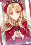  absurdres blonde_hair blush bow brown_eyes brown_scarf coat coffee_cup cup diadem disposable_cup ereshkigal_(fate/grand_order) eyebrows_visible_through_hair fate/grand_order fate_(series) floating_hair gu_li hair_bow highres holding holding_cup long_hair looking_at_viewer red_bow red_coat scarf shiny shiny_hair smile snowing solo twintails upper_body very_long_hair winter_clothes winter_coat 