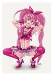  abs bow choker cure_melody dam-p eyelashes frilled_panties frills green_eyes houjou_hibiki long_hair magical_girl muscle panties pink_bow pink_choker pink_hair precure skirt solo spread_legs suite_precure thighhighs twintails underwear white_panties 