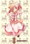  ahoge animal_ears bare_shoulders boots brown_footwear bun_cover detached_sleeves dog_days dog_ears dog_girl dog_tail double_bun doujinshi dress gloves hair_ribbon highres long_skirt millhiore_f_biscotti non-web_source pink_hair purple_eyes red_ribbon ribbon shoes skirt solo standing tail tokumi_yuiko white_gloves 