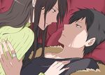  1girl arm_grab bad_id bad_pixiv_id black_hair brown_eyes brown_hair couple durarara!! eye_contact face-to-face fur_trim girl_on_top hetero jacket jewelry long_hair looking_at_another orihara_izaya pakkaane pillow red_eyes ring short_hair staring sweater turtleneck yagiri_namie 