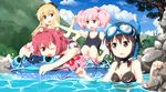  afloat akaza_akari barefoot bikini black_hair blonde_hair boat bow diving_mask diving_mask_on_head double_bun funami_yui hair_bow multiple_girls one_eye_closed pink_hair red_hair ruu_(tksymkw) snorkel swimsuit toshinou_kyouko wading water watercraft yoshikawa_chinatsu yuru_yuri 