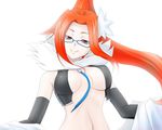  breasts devil_survivor_2 elbow_gloves glasses gloves hair_ornament kalx kujou_hinako long_hair medium_breasts megami_ibunroku_devil_survivor navel open_clothes open_shirt orange_eyes orange_hair ponytail shirt smile solo 