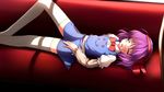  asama_isami blush bow couch hairband highres mille purple_hair sleeping solo thighhighs uwabami_breakers zettai_ryouiki 