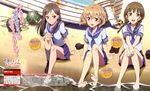  absurdres barefoot braid brown_eyes brown_hair dengeki_g's feet food fruit hanasaku_iroha hand_on_own_knee hands_on_own_knees highres long_hair magazine_scan matsumae_ohana minagawa_kazunori multiple_girls official_art oshimizu_nako scan school_uniform serafuku shoes shoes_removed short_hair single_shoe single_sock sitting smile soaking_feet socks tsurugi_minko twin_braids water watermelon wavy_hair 