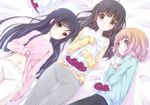  :o alternate_hairstyle banned_artist bed_sheet black_hair blue_hair blush brown_eyes brown_hair hair_down hanasaku_iroha long_hair looking_at_viewer lying matsumae_ohana mirai_(macharge) multiple_girls navel on_back on_side oshimizu_nako pajamas pillow pillow_hug shirt_lift short_hair tsurugi_minko 