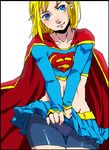  bike_shorts blonde_hair blue_eyes cape dc_comics kikisuke_t midriff skirt solo supergirl 