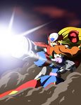  1girl android battle blonde_hair blue_eyes brown_hair capcom damaged dust energy green_eyes hat highres hyoumaru iris_(rockman_x) long_hair open_mouth red_sky robot rockman rockman_x sky weapon zero_(rockman) 