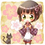  :o animal_ears apron black_cat black_hair blush cat cat_ears cat_tail chibi flower green_eyes hair_ornament hiyopuko ikoku_meiro_no_croisee japanese_clothes kimono lowres open_mouth sandals short_hair solo tabi tail yune_(ikoku_meiro_no_croisee) 
