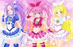  blonde_hair blue_choker blue_eyes blue_skirt boots bow choker cure_beat cure_melody cure_rhythm eyelashes green_eyes houjou_hibiki kurokawa_eren magical_girl minamino_kanade miracle! multiple_girls pink_bow pink_choker pink_hair ponytail precure purple_hair seiren_(suite_precure) side_ponytail skirt suite_precure thigh_boots thighhighs twintails white_choker yellow_eyes 