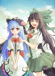  :d black_hair blue_hair bow food fruit green_bow hair_bow hand_on_another's_head hat hinanawi_tenshi long_hair looking_at_viewer multiple_girls open_mouth peach petting red_eyes reiuji_utsuho skirt smile standing tes_(unpre) touhou v_arms 