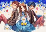  2boys bad_id bad_pixiv_id bird blue_hair blush brown_hair green_eyes long_hair mawaru_penguindrum multiple_boys ne-on open_mouth penguin penguin_1-gou penguin_2-gou penguin_3-gou red_hair school_uniform siblings sitting smile star takakura_himari takakura_kanba takakura_shouma traditional_media watercolor_(medium) 