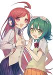  :d ahoge bad_id bad_pixiv_id bow brooch dress goggles goggles_on_head green_eyes green_hair gumi headphones heart heart_hands heart_hands_duo highres jewelry long_hair multiple_girls noco_(adamas) open_mouth orange_dress pleated_skirt red_eyes red_hair school_uniform sf-a2_miki short_hair simple_background skirt smile very_long_hair vest vocaloid 
