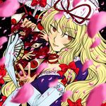  blonde_hair bloodshot_eyes blurry bow breasts choker constricted_pupils depth_of_field elbow_gloves eyes fan frills gloves hair_bow hands hat hat_ribbon highres hina_(lady-hina) large_breasts lips long_hair petals red_eyes ribbon ribbon_choker sidelocks slit_pupils solo touhou upper_body yakumo_yukari 