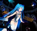  :d alternate_costume bad_id bad_pixiv_id bare_shoulders blue_eyes blue_hair cameltoe detached_collar floating_screen h016 hatsune_miku headphones long_hair looking_at_viewer open_mouth satellite smile solo space star_(sky) strap_slip thighhighs twintails very_long_hair vocaloid voyager white_legwear 