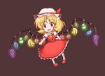  :d aki_minoriko apple ascot banana blonde_hair blueberry bound brown_background chibi cosplay dress flandre_scarlet flandre_scarlet_(cosplay) food fruit grapes hat inaba_(akane-jika) lime_(fruit) open_mouth orange pear rainbow_order red_dress red_eyes short_hair simple_background skirt smile solo tied_up touhou wings 