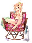 barefoot blonde_hair blush bow bow_panties chair electric_fan feet floral_print food full_body hair_bobbles hair_ornament hair_up hairclip highres legs looking_at_viewer navel open_mouth original panties pillow popsicle red_eyes sitting solo striped striped_panties topless underwear yuuki_rika 