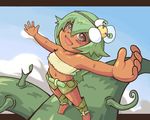  amalia_sheran_sharm bare_shoulders barefoot blush_stickers brown_eyes dark_skin flat_chest flower green_hair hair_flower hair_ornament kayo!!_(gotoran) leg_wrap long_hair midriff navel outstretched_arms plant sadida solo strapless tubetop vines wakfu 