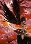  bad_id bad_pixiv_id bird black_hair black_wings cloud crow dress_shirt dual_wielding expressionless hat heiyuen holding katana knife looking_at_viewer red_eyes rock shameimaru_aya shirt shoes short_hair skirt solo sword tengu tokin_hat touhou weapon wings 