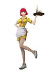  absurdres alcohol apron beer breasts catherine_(game) cleavage earrings erica_anderson full_body highres jewelry kuma_(persona_4) large_breasts mole no_socks official_art pantyhose persona persona_4 red_hair shoes short_hair smile sneakers soejima_shigenori solo standing standing_on_one_leg tray waist_apron waitress 