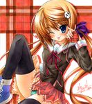  :p ;p bad_id bad_pixiv_id black_legwear blonde_hair blue_hair blush dog_hair_ornament gift green_panties hair_ornament hair_ribbon hairclip koiiro_soramoyou one_eye_closed panties pantyshot plaid plaid_background ribbon school_uniform shikishi shinohara_sera solo thighhighs tongue tongue_out traditional_media underwear yuto_takumi 