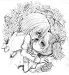  bow crescent_moon flower greyscale hair_ribbon hot_dog kaname_madoka katzeh lying mahou_shoujo_madoka_magica miki_sayaka monochrome moon multiple_girls on_back plant ribbon rose short_hair tears vines wheel yuri 