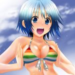  :d bikini blue_eyes blue_hair breast_squeeze breasts cleavage cloud covered_nipples day front-tie_top highres mahou_shoujo_madoka_magica medium_breasts miki_sayaka multicolored multicolored_bikini multicolored_clothes multicolored_stripes open_mouth rainbow_order short_hair sky smile solo striped striped_bikini swimsuit underboob watarui 