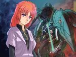  energy_sword gundam gundam_unicorn kshatriya long_hair marida_cruz mecha orange_hair ponytail purple_eyes sword weapon yosaku_(j-tp) 