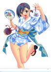  1girl :d absurdres bag bagged_fish bandaid black_hair blush character_request fan fish flower goldfish green_eyes hair_accessory hair_flower hair_ornament happy highres japanese_clothes kimono kinchaku kuuchuu_yousai morning_glory open_mouth original paper_fan sandals scan short_hair short_kimono short_yukata smile solo uchiwa yukata 