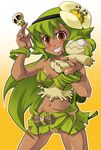  amalia_sheran_sharm blush breasts brown_eyes dark_skin flower green_hair grin hair_flower hair_ornament leaf_bikini long_hair medium_breasts midriff miniskirt navel panties pantyshot pantyshot_(standing) sadida skirt smile solo standing strapless sunset-dash underwear voodoo_doll wakfu 