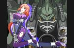  glowing gundam gundam_unicorn injury joy_(cyber_x_heaven) kshatriya long_hair marida_cruz mecha open_mouth orange_hair pilot_suit ponytail purple_eyes tears torn_clothes 