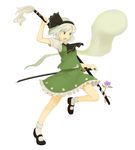  ascot black_hairband blue_eyes bobby_socks flower full_body hairband katana kawashina_(momen_silicon) konpaku_youmu konpaku_youmu_(ghost) mary_janes open_mouth ready_to_draw running scabbard sheath sheathed shoes short_hair short_sleeves silver_hair simple_background skirt socks solo sword touhou vest weapon white_legwear 