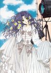  90s cardcaptor_sakura choker clamp clothes_grab cloud curly_hair day dress flower green_eyes highres kinomoto_nadeshiko long_hair marker_(medium) official_art purple_hair sky smile solo traditional_media wavy_hair white_dress 