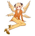  bad_id bad_pixiv_id blonde_hair breasts collarbone dungeon_and_fighter high_heels horns long_sleeves mage_(dungeon_and_fighter) multiple_wings mx2j_(nsh6394) open_clothes open_pants open_shirt pants pointy_ears red_eyes shirt shoes sitting small_breasts smile solo unbuttoned wings yokozuwari 