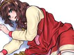  brown_hair cape coat green_eyes hairband lilka_eleniak long_hair low-tied_long_hair lying mutsugusa on_side red_cape skirt solo thighhighs white_background white_legwear wild_arms wild_arms_2 yellow_hairband 