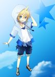  agi_(holic2007) boy green_eyes headset highres hood hoodie jewelry kagamine_len male male_focus necklace open_mouth outstretched_hand sandals short_sleeves shorts sky solo star vocaloid whistle 