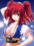  absurdres blush breasts cleavage hair_bobbles hair_ornament highres medium_breasts nori_tamago onozuka_komachi red_eyes red_hair solo touhou two_side_up 