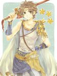 brown_eyes brown_hair butz_klauser cape dissidia_final_fantasy earrings final_fantasy final_fantasy_v jewelry male_focus shichimiso solo star sword weapon 